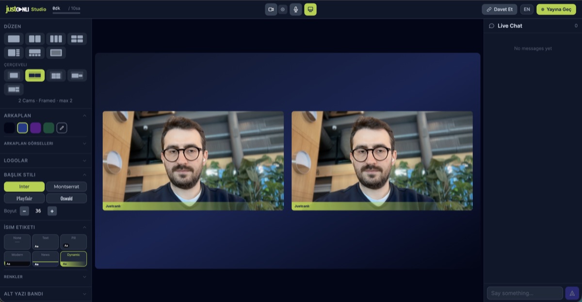 Justcanli Studio: browser-based live production with dual camera layout, scene controls and live chat
